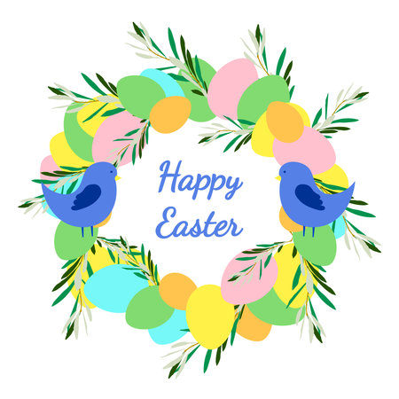 Happy Easter. Cute Easter wreath with eggs and birds and floral element in circle shape. Vector illustration on isolated background for template, greeting card, banner, and other using. Eps 10のイラスト素材