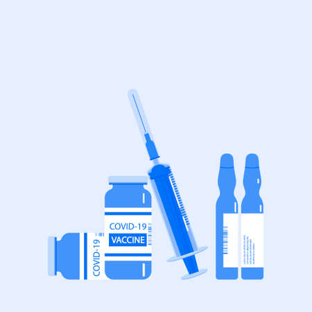 Vaccination. Vector illustration with medical disposable syringe icon and vaccine bottle and ampoules. Treatment of coronavirus. Template medical vaccine for poster, banner, brochure, etc.のイラスト素材