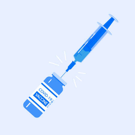 Vaccination. Vector illustration with medical syringe with a needle draws a coronavirus vaccine from a bottle. Template medical vaccine for poster, banner, brochure, etc.のイラスト素材