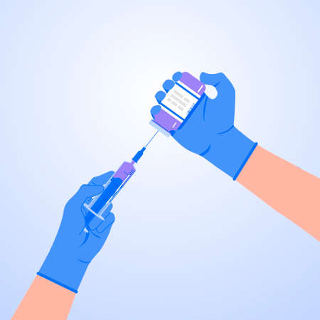 Creation of a COVID-19 vaccine. Design of doctor hands with medical gloves holding vaccine bottle and syringe. Template medical vaccine for poster, banner, brochure, etc.のイラスト素材