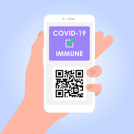 Vaccine passport. Template app for coronavirus Immune passport with QR code on smartphone screen. Hand holding smartphone. Vector illustration on isolated background.のイラスト素材