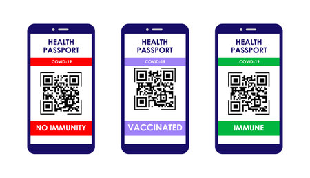 Collection of smartphones with coronavirus vaccine passport with QR code on the screen. Vector illustration on isolated background.のイラスト素材