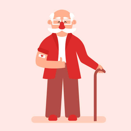 Vaccination of the elderly. Elderly man pulls up the sleeve of his suit to reveal the vaccination bandage. Grandpa gives a thumbs-up after getting the vaccine. Flat vector illustration. Eps 10のイラスト素材