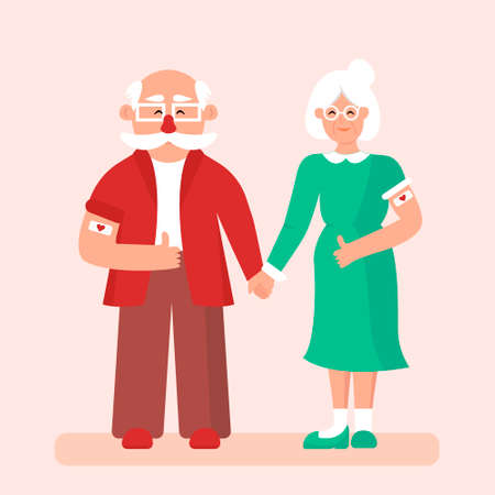 Vaccination of the elderly. Happy grandparents show the vaccination bandage and give a thumbs up after the vaccine injection. Flat vector illustration. Eps 10.のイラスト素材