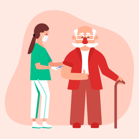 Vaccination for senior man. Nurse with a syringe vaccinates an elderly person. An injection of an antiviral vaccine. Colored vector illustration in flat style for poster, flyer, banner, etc. Eps 10のイラスト素材