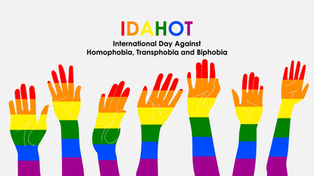 The International Day Against Homophobia, Transphobia and Biphobia. Hands raised in the air decorated in the colors of the  flag. Template for background, banner, poster with text inscription.のイラスト素材