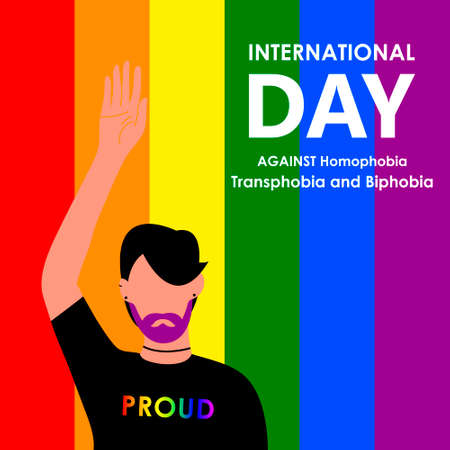 May 17 - The International Day Against Homophobia, Transphobia and Biphobia. A beautiful  man with a purple beard wearing a proud T-shirt. Vector illustration in flat style. Eps 10.のイラスト素材