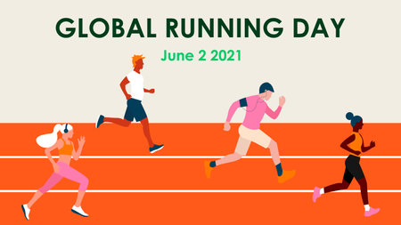 Global running day. Different skin color people in a sports uniform jogs through the stadium. Sport training. Vector illustration design with lettering for poster, banner, greeting card. Eps 10のイラスト素材