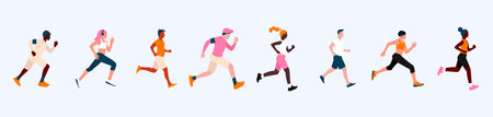 A poster with a group of people with different skin colors running a marathon. Active and healthy...