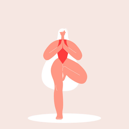 Young Woman in red swimwear doing Yoga. Feminine cartoon character in tree posture vrikshasana. Vector illustration in flat style. Eps 10のイラスト素材
