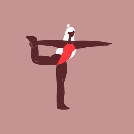 Young Woman in red swimwear doing Yoga. Girl in NATARAJASANA yoga pose. Vector illustration in flat style. Eps 10.のイラスト素材