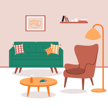 Interior of living room with stylish comfy furniture and home decorations in hygge style. Flat colorful Living room with green sofa and brown armchair. Vector illustration.のイラスト素材