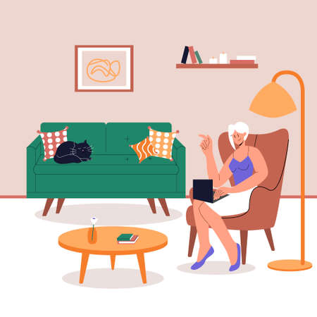 Female Character Sitting on chair with Laptop. The cat is sitting on the couch. Home Office. Lifestyle after quarantine. Eps 10.のイラスト素材