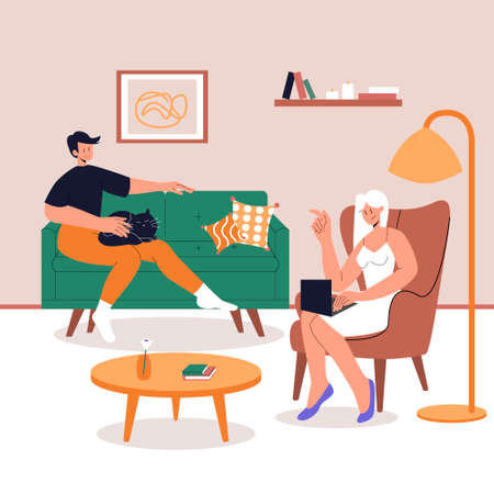 Young happy couple spend time together at home. A man sits on a sofa with a cat on her knees. Male Character Sitting on chair with Laptop. Home Office. Lifestyle after quarantine. Eps 10.のイラスト素材