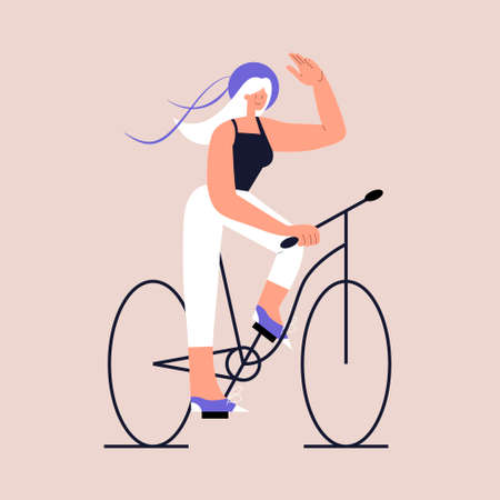 A beautiful girl in a hat is riding a bicycle and waving her hand. Eco-friendly urban transport. Lifestyle after quarantine. Vector illustration in a flat style on an isolated background.のイラスト素材