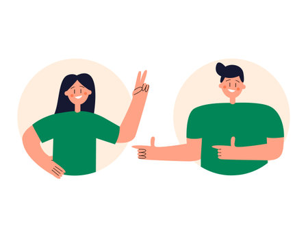 Happy cartoon characters demonstrate positive emotions with gestures. Vector flat illustration on...