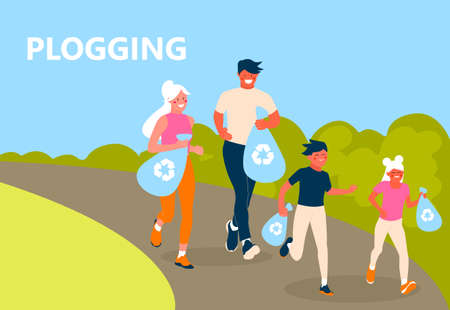 Plogging concept. A family of eco-volunteers clean the polluted environment from garbage. Men and women with kids jogging and collecting garbage. Volunteers at eco activity. Flat vector illustration.のイラスト素材