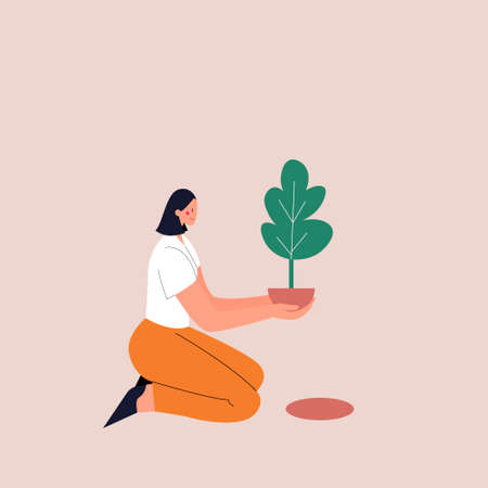 Eco-activist girl is planting a tree. Environmental protection concept. Volunteers at eco activity. Flat vector illustration.のイラスト素材