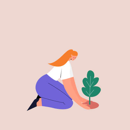 Eco-activist girl is planting a tree and tamping the ground. Environmental protection concept. Volunteer in environmental activities. Flat vector illustration.のイラスト素材