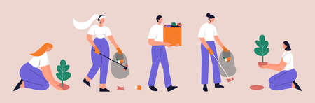 Set of people collecting garbage into trash bags. Eco-volunteers clean the polluted environment from garbage and plant trees. Flat vector illustration on isolated background. Eps 10.のイラスト素材