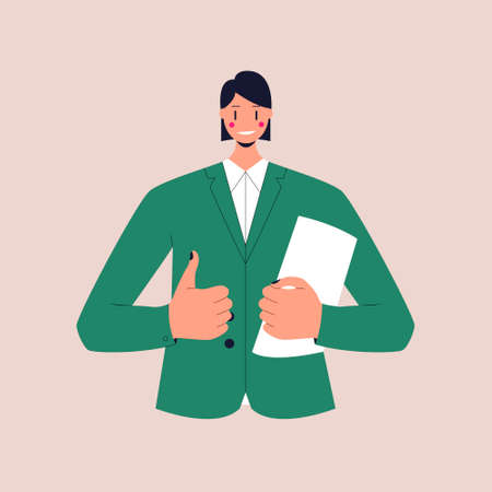 A smiling woman in a business suit holds a folder with documents and shows a thumbs up. Colorful flat vector illustration on isolated background. Eps 10.のイラスト素材