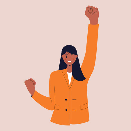 A black girl in a business suit stands in the winners pose. A confident businesswoman. Colorful flat vector illustration on isolated background. Eps 10.のイラスト素材