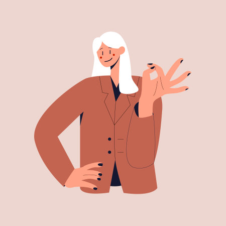 A happy woman in a business suit shows the OK sign. The ok gesture. Colorful flat vector illustration on isolated background.のイラスト素材