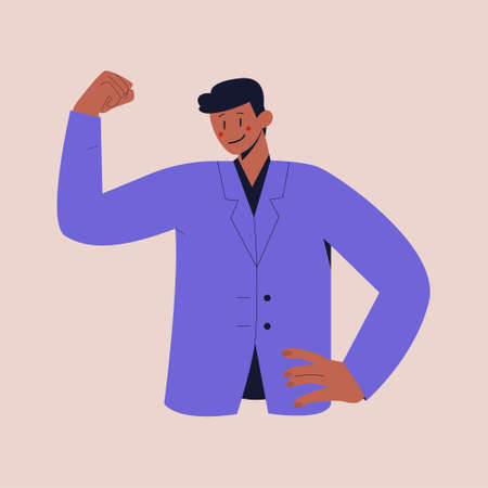 A black man in a business suit raised fist with confidence. Colorful flat vector illustration on isolated background.のイラスト素材