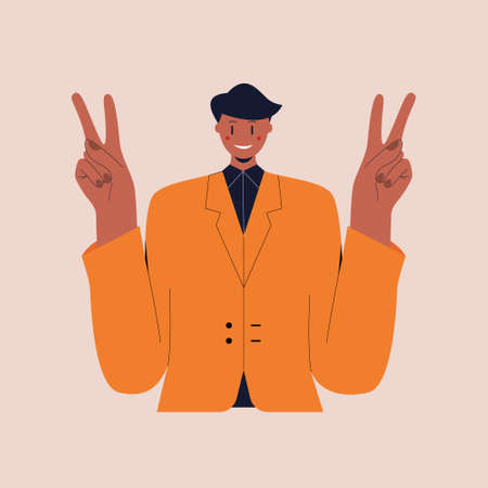 A smiling black man in a business suit shows the peace sign. The victory gesture. V sign. Colorful flat vector illustration on isolated background. Eps 10.のイラスト素材