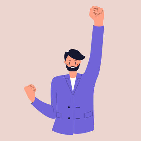 A man in a business suit stands in the winners pose. A confident businessman. Colorful flat vector illustration on isolated background.のイラスト素材