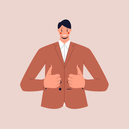 A man in a business suit shows a thumbs up on both hands. Colorful flat vector illustration on isolated background.のイラスト素材