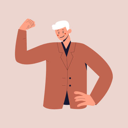 A smiling man in a business suit raised fist with confidence. Colorful flat vector illustration on isolated background.のイラスト素材