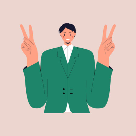 A smiling man in a business suit shows the peace sign. The victory gesture. V sign. Colorful flat vector illustration on isolated background.のイラスト素材