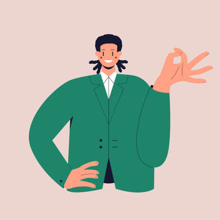 A happy man with dreadlocks in a business suit shows the OK sign. The ok gesture. Colorful flat vector illustration on isolated background.のイラスト素材
