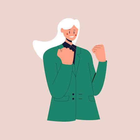 Lucky businesswoman say yes with relieved face, smiling and making fist pump, triumphing of success. Colorful flat vector illustration on isolated background. Eps 10.のイラスト素材