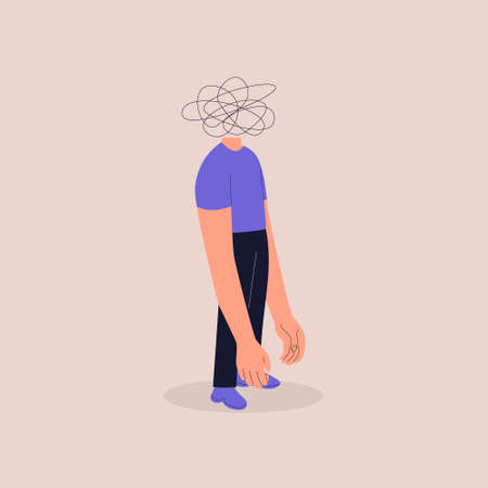 A frustrated man with his hands down. Nervous problem, anxiety and confusion in thoughts. Mental disorder and chaos in the head. A confusing process, a symbol of the line of chaos. Eps 10.のイラスト素材