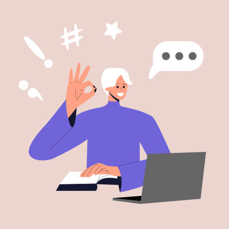 The girl works or studies at home. The female character communicates via video communication via a laptop. Distance work and e-learning concept. Vector illustration in a flat style.のイラスト素材