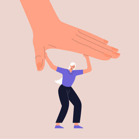 A strong woman fight with a huge hand that tries to crush her. The concept of social pressure, patriarchy, feminism, psychological diseases and health. Vector illustration in flat style. Eps 10.のイラスト素材