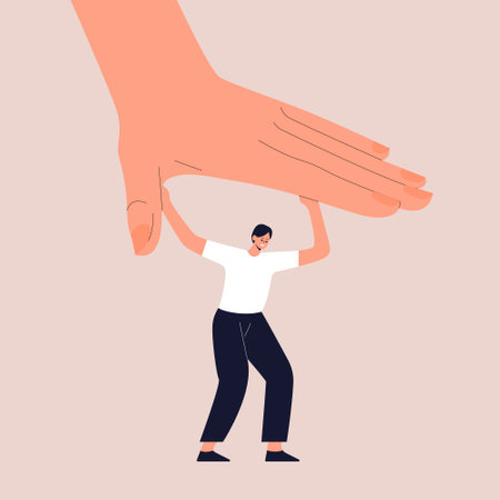 A strong man fight with a huge hand that tries to crush her. The concept of social pressure, psychological diseases and health. Vector illustration in flat style.のイラスト素材