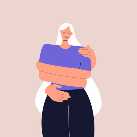 The concept of love and careful attitude to yourself. The girl hugs herself by the shoulders. Taking care of mental and physical health. Flat vector illustration is good for social media, covers.のイラスト素材