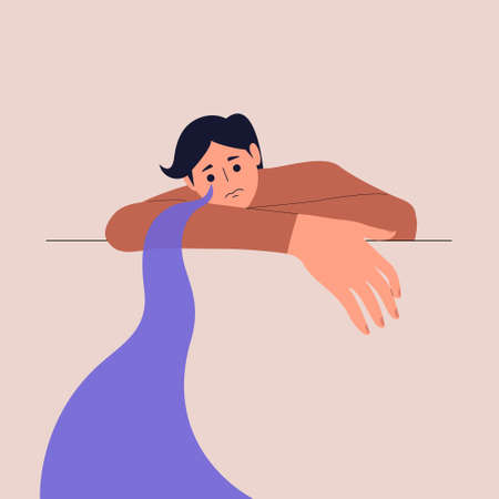 A psychological portrait of a crying man with his head down. River of Tears. An anxiety and depression concept, psychotherapy. Vector illustration in a flat style. Eps 10.のイラスト素材