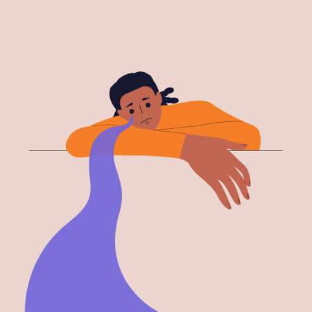 A psychological portrait of a black crying man with his head down. River of Tears. An anxiety and depression concept, psychotherapy. Vector illustration in a flat style. Eps 10.のイラスト素材
