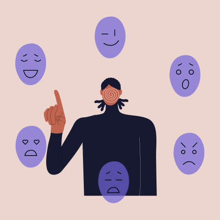 A black man without a face chooses a mask to express various emotions. The concept of personality changes in accordance with social requirements and pressures. Vector in a flat style.のイラスト素材