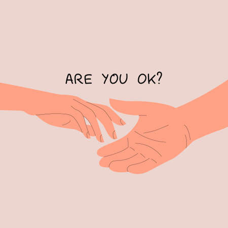 Helping hand with hand lettering ARE YOU OK. The concept of gesture, sign of help and hope. Two hands taking each other. Vector illustration in flat style.のイラスト素材