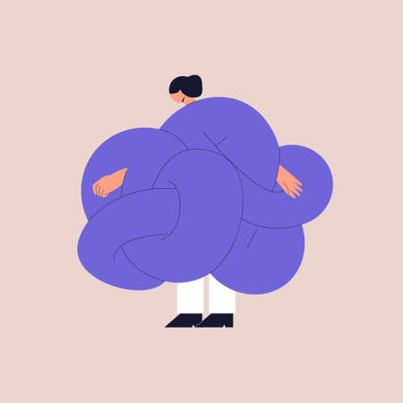 A girl with her hands tied in a knot. The concept of self-isolation, depression, loneliness, anxiety and mental disorders. The problem of choice. Vector illustration in a flat style. Eps 10.のイラスト素材