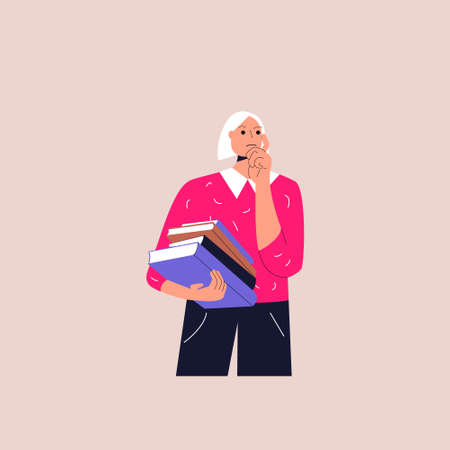 A young thoughtful student girl holding a stack of books, touches chin and thinking for solution gathering ideas for best decision. Concept of making decisions and the thought process. Vector.のイラスト素材