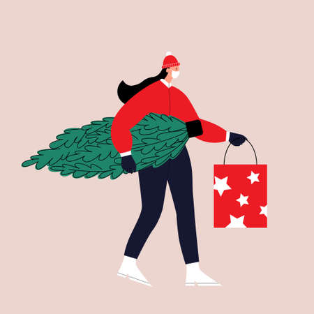 The girl carries a Christmas tree and a gift. Traditional Christmas shopping. The concept of preparing for the winter holiday season. Flat vector illustration. Eps 10.のイラスト素材