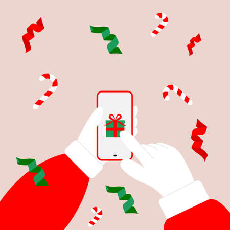 Santa chooses gifts online through an app on his smartphone. The concept of preparing for the New Year and Christmas. Search and buy gifts online. Flat vector illustration. Eps 10.のイラスト素材
