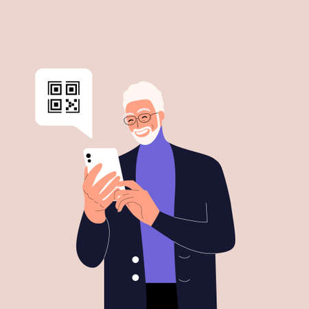 Cute old man holding smartphone with QR sign. Concept of electronic id, identification, vaccine passport or certificate, QR verification, online shopping. Flat vector illustration for UI, app.  .のイラスト素材