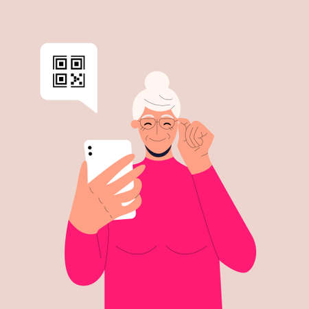 Cute elderly woman holding smartphone with QR sign. Concept of electronic id, vaccine passport or certificate, QR verification, online shopping. Flat vector illustration for UI, app. Eps 10.のイラスト素材